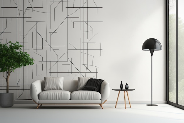 Фото Дизайн интерьера с современным серым диваном с геометрической подушкой, двумя контрастными черно-белыми вазами на легком деревянном столе, одной вазой с сушеной пушистой травой пампы.