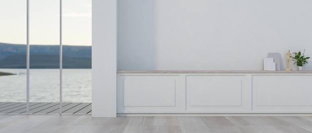 The interior design showcases a modern white empty room featuring a wall with white moulding