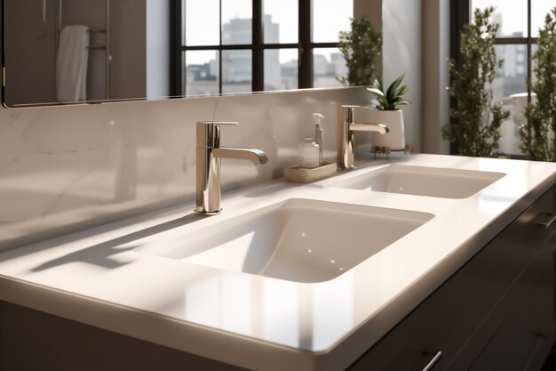 Interior design sink sunlight house bathroom home faucet modern luxury counter Generative AI