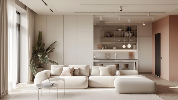 Дизайн интерьера просторной светлой квартиры в современном стиле и теплых пастельных белых и бежевых цветах Тихая роскошная концепция