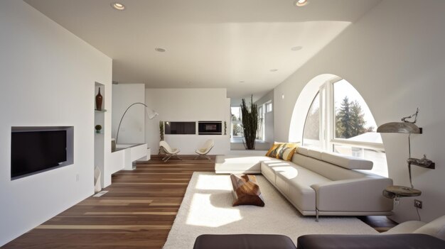 Photo the interior design of a spacious minimal modern living room in white tones with an arched wall design generative ai aig27