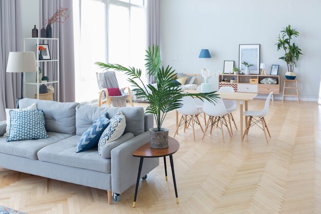 The interior design of the studio apartment in Scandinavian style