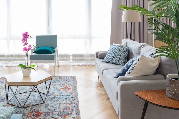 The interior design of the studio apartment in Scandinavian style