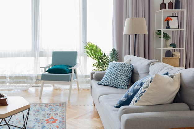 The interior design of the studio apartment in Scandinavian style