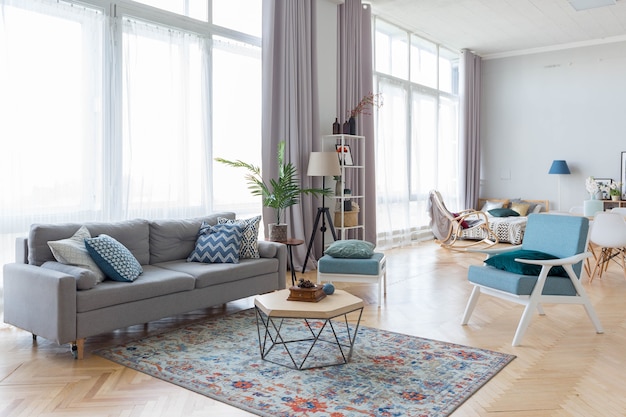 The interior design of the studio apartment in Scandinavian style