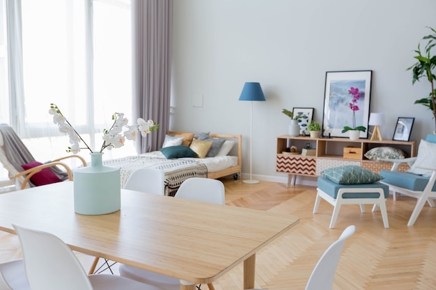 The interior design of the studio apartment in Scandinavian style