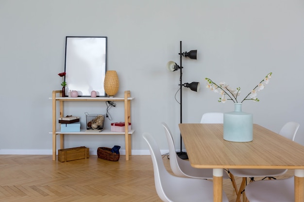 The interior design of the studio apartment in Scandinavian style