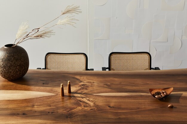 Interior design of stylish dining room interior with family
wooden table, modern chairs, plate with nuts, salt and pepper
shakers. abstract painitngs on the wall. white wall..