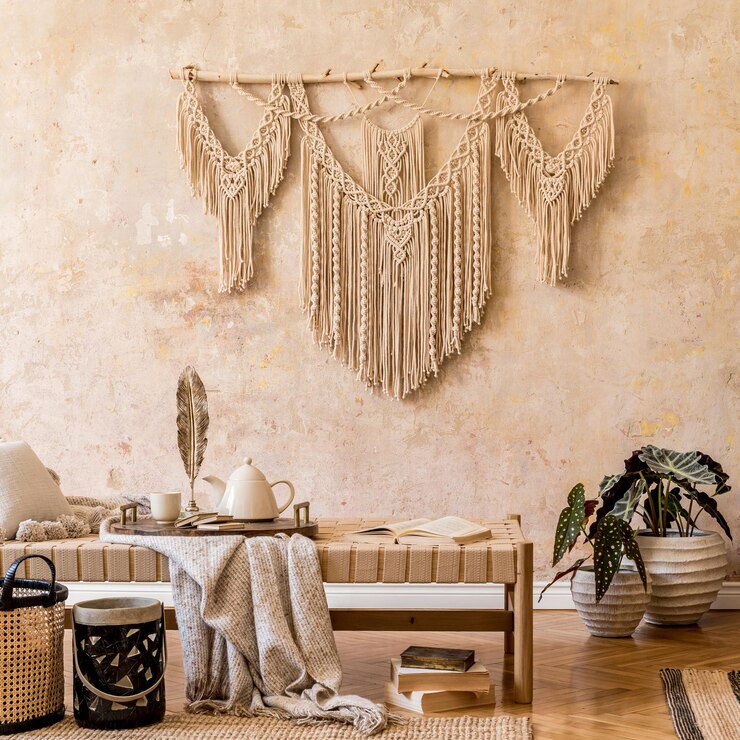 Interior design of stylish living room with chaise longue, beautiful macrame, rattan decoration, plants, book, plant, elegant personal accessories in oriental concept of home decor.