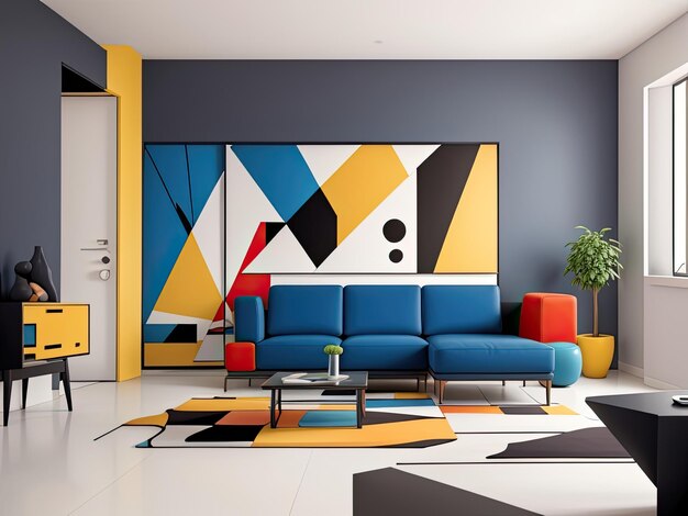 Дизайн интерьера в стиле супрематизма для современной гостиной яркие абстрактные геометрические формы