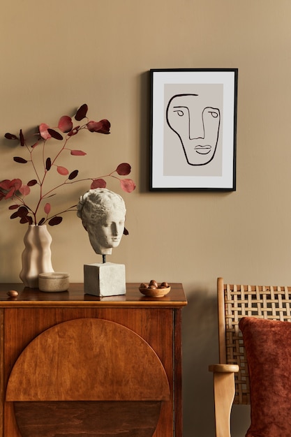 Design degli interni di un soggiorno unico con comò elegante, poltrona, fiori in vaso, poster sul muro, decorazioni e accessori personali in un arredamento moderno.