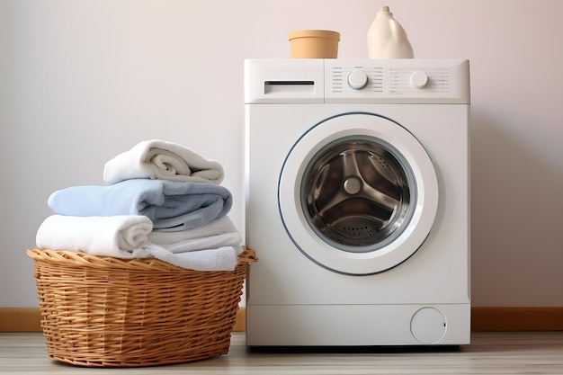 Interior design Washing machine washing gel and laundry basket on white background created generative ai