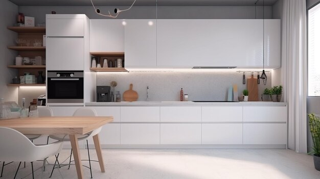 Interior design of a white kitchen in a minimalist style light background Architectural solutions for premises AI generated