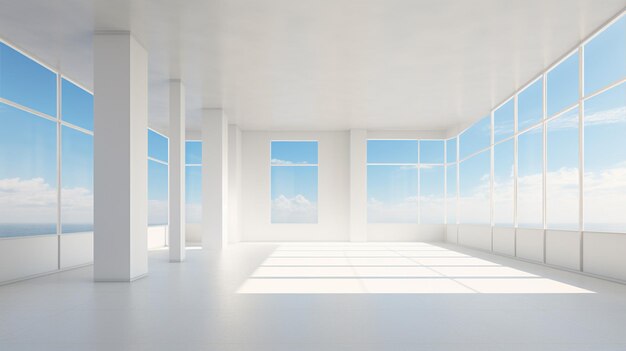 Interior design of a white spacious room in the morning