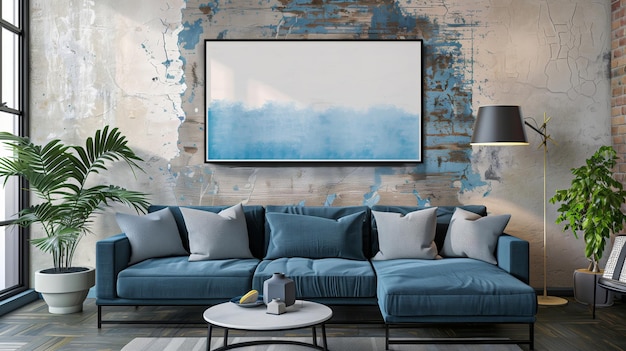 リビングルームの青いソファと壁画のインテリアデザイン