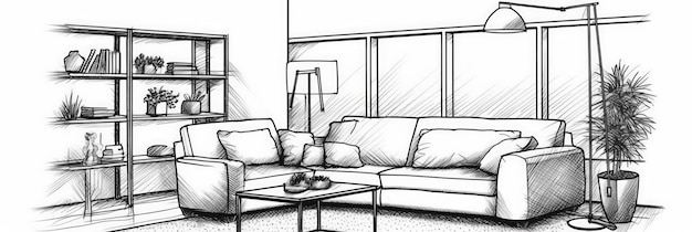 색 배경에 검은색 라인 스케치로 현대적인 거실 인테리어 디자인