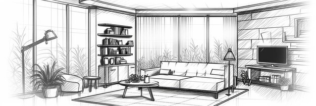 Interior design with modern living room in black line sketch on white background