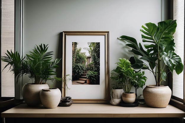 Interior design with photoframes and plants