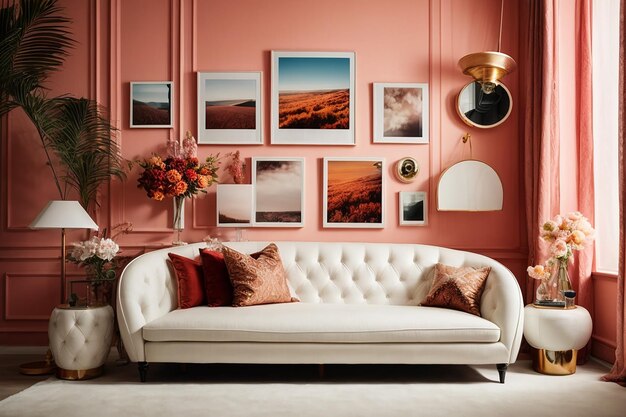 Interior design with photoframes and white couch