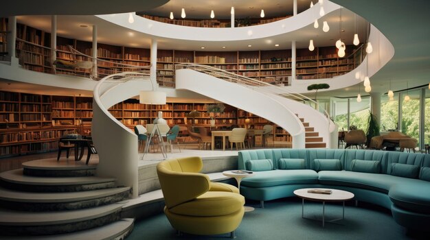 Foto disegno d'interno con biblioteca arrotondata e moderna scala a chiocciola