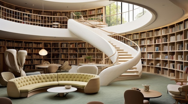 Interior design with rounded library and modern spiral staircase