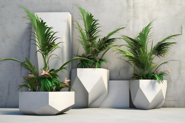 Interior design with tropical plants in concrete pots