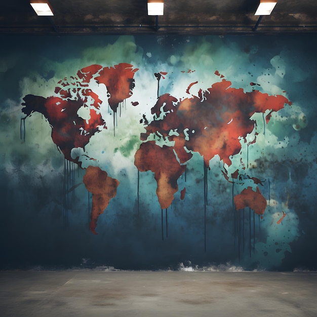 Photo interior design with world map on concrete wall 3d render