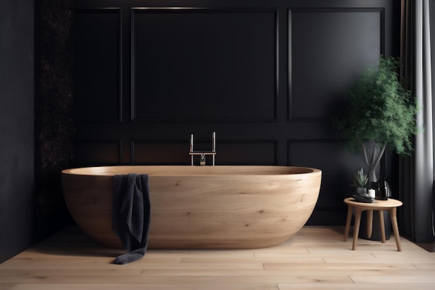 Interior design wood modern home black luxury minimalist furniture bathtub bathroom Generative AI