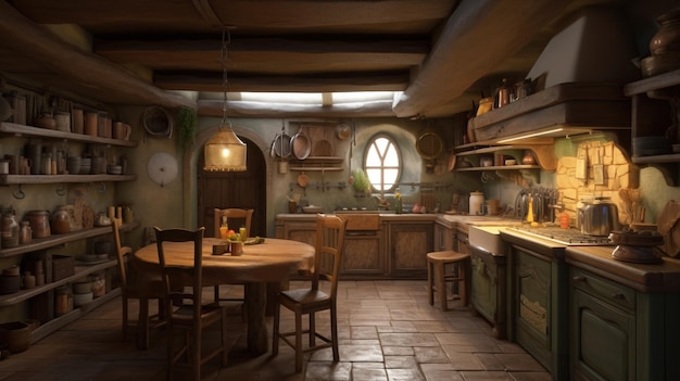 Interior design of a wooden kitchen in a fairy tale fantasy style of hobbits AI generated