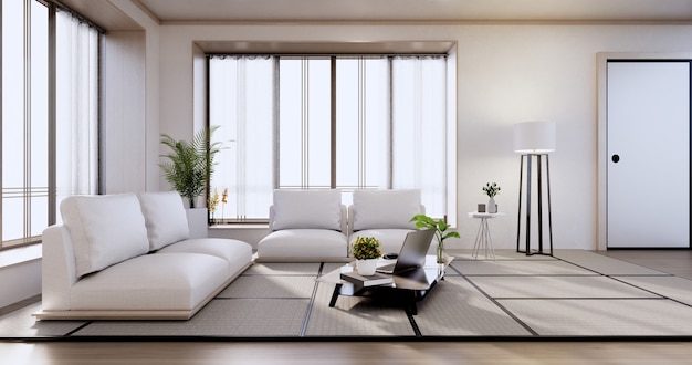 Interior design, soggiorno moderno zen in stile giapponese. rendering 3d