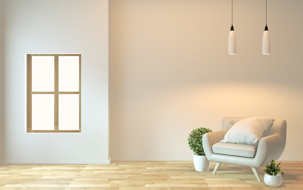 Foto interior design, vita moderna zen con poltrona e decorazione. rendering 3d