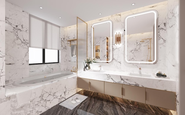 Interior designed white marble bathroom with bathtub sink and window in daylight 3D illustration