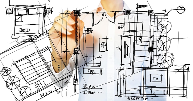 Photo an interior designer draws a sketch of a residential house planinterior design business