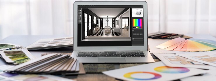Фотография стол для дизайна интерьера и программное обеспечение для архитектуры на экране ноутбука с материалами для доски настроения и красочными образцами цвета для выбора цвета современный офис дизайна интерьера insight