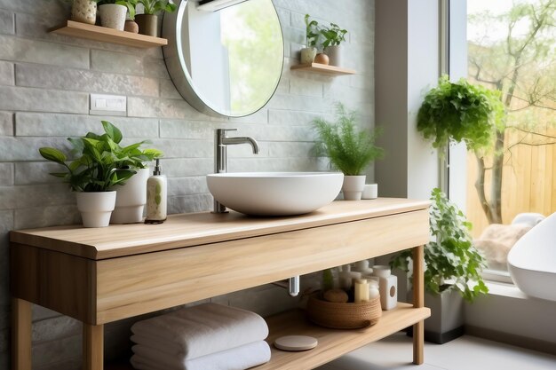 Interior designWhite modern bathroom Bright room Modern interior Green plants on wooden counter and bathroom sink created generative ai