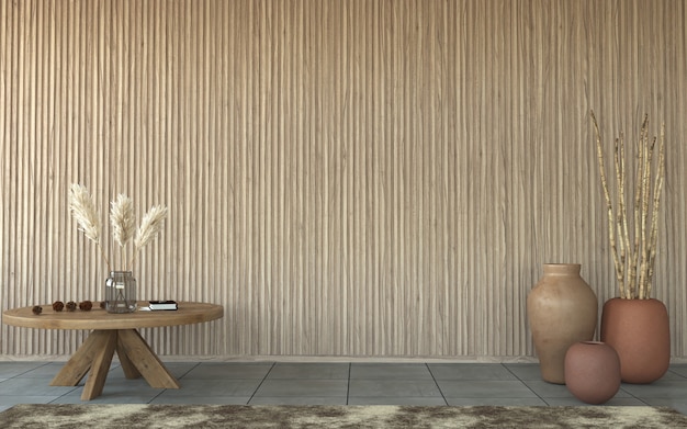 Interior desing with slatted wood wall background, 3d rendering