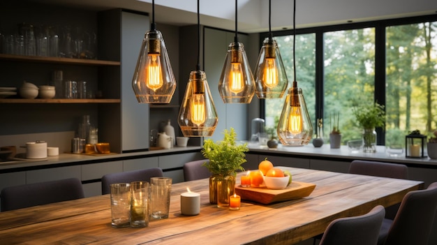 Photo interior details of a modern kitchen using glass and wood in the interior designer lamps