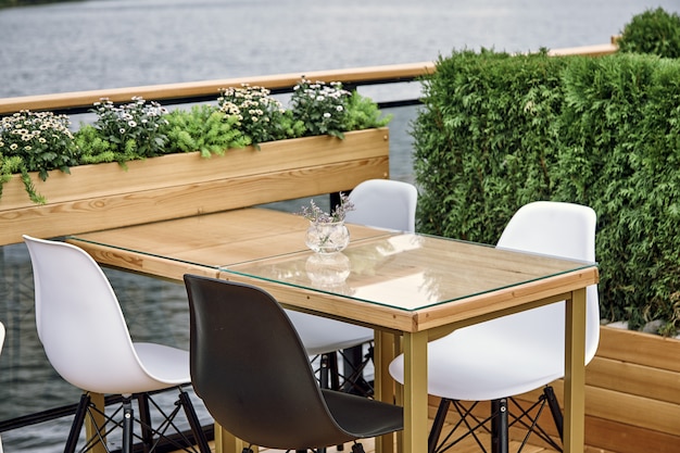 Interior details of restaurant on the ship. Concept of interior design of a restaurant on a ship