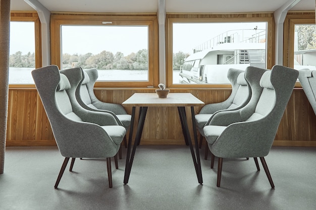 Interior details of restaurant on the ship. Concept of interior design of a restaurant on a ship