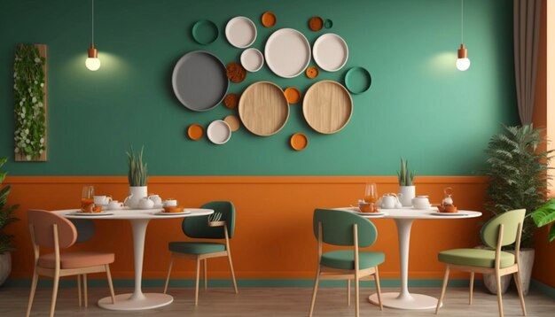 Interior dining design with wooden round table and chairs Generative Ai