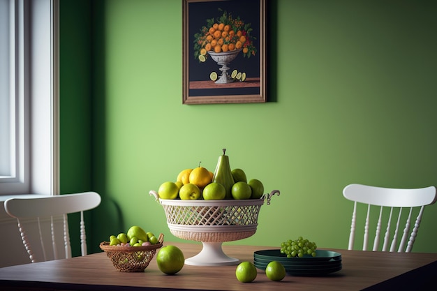 녹색 벽에 가까운 과일 바구니가 있는 식당 내부