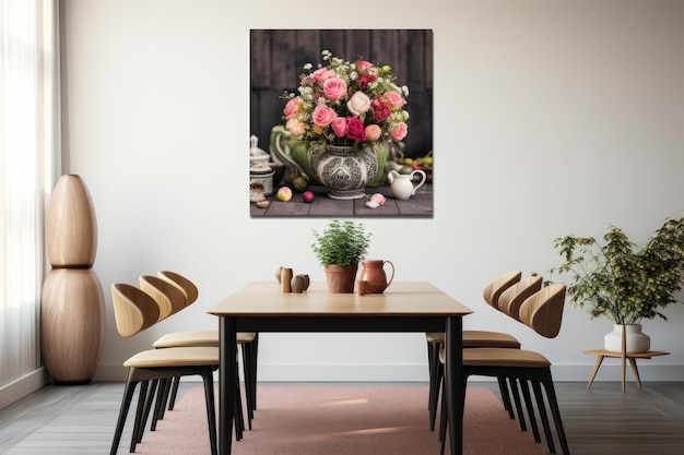 Interior of dining room with wooden table chairs and flowers 3d render petals rose collection pink roses vase table favorite blurred high large canvas australian wildflowers AI Generated