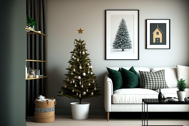 Interior of a domestic and pleasant holiday living room with a corduroy sofa a white shelf a mock up poster frame a Christmas tree decorations and gifts interior design family time Template