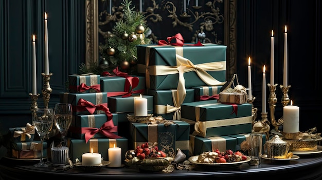 Interior of an elegant living room adorned with a Christmas tree and holiday presents