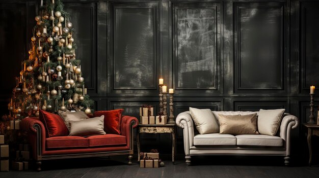 Interior of an elegant living room adorned with a Christmas tree and holiday presents