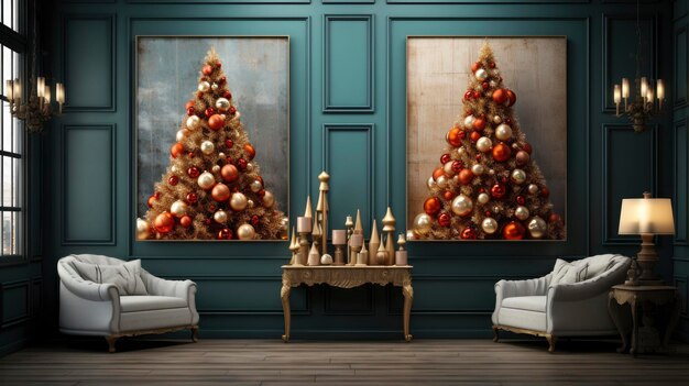 Interior of an elegant living room adorned with a christmas tree and holiday presents