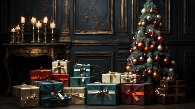 Интерьер элегантной гостиной, украшенной рождественской елкой и праздничными подарками