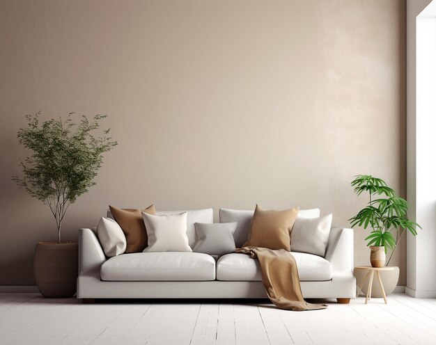 Interior of elegant living room with sofa flower in vase and frames mockup ai generated