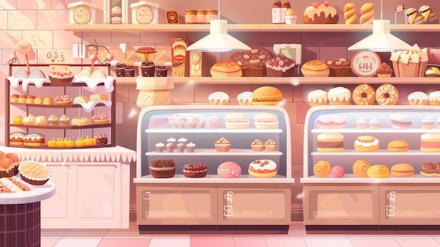 Interior elements for bakeries cartoon glass showcase and shelves displaying fresh bread pastries cakes and desserts Modern set of store production and furnishings