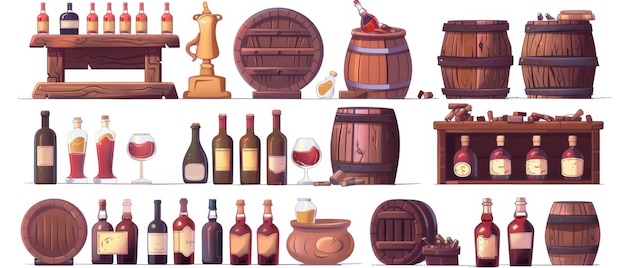 Interior elements of a wine cellar isolated on white background Modern illustration of old wooden barrels bottles of alcohol on shelves crates a cup of red drink a clay jar and a lamp